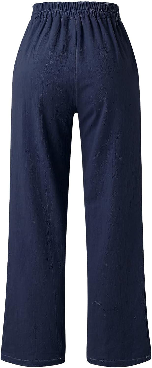 Apendorf Linen Pants for Women Summer Casual Bottoms Wide Leg High Wasited  Beach Trousers Preppy Lounge Pants with Pockets 1-navy 3X-Large