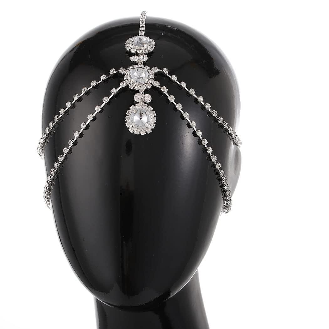 Aularso Layerd Head Jewelry Wedding Rhinestone Hair Chain Party Face Chain  Costume Crystal Headband for Women and Girls (Gold)