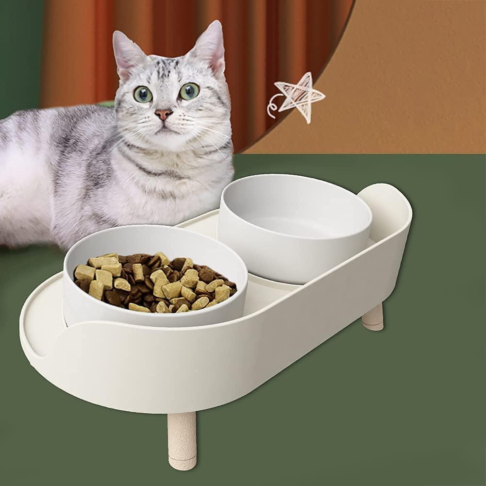 Elevated Ceramic Anti Vomiting Cat Food & Water Bowls + Wood Stand