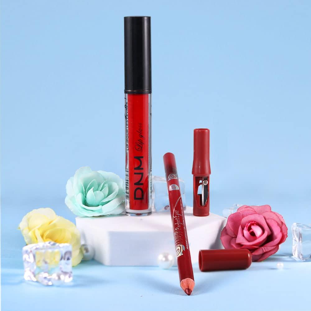 2Pcs Matte Ruby Red Lip Liner and Lipstick Makeup Set, DNM Matte Liquid