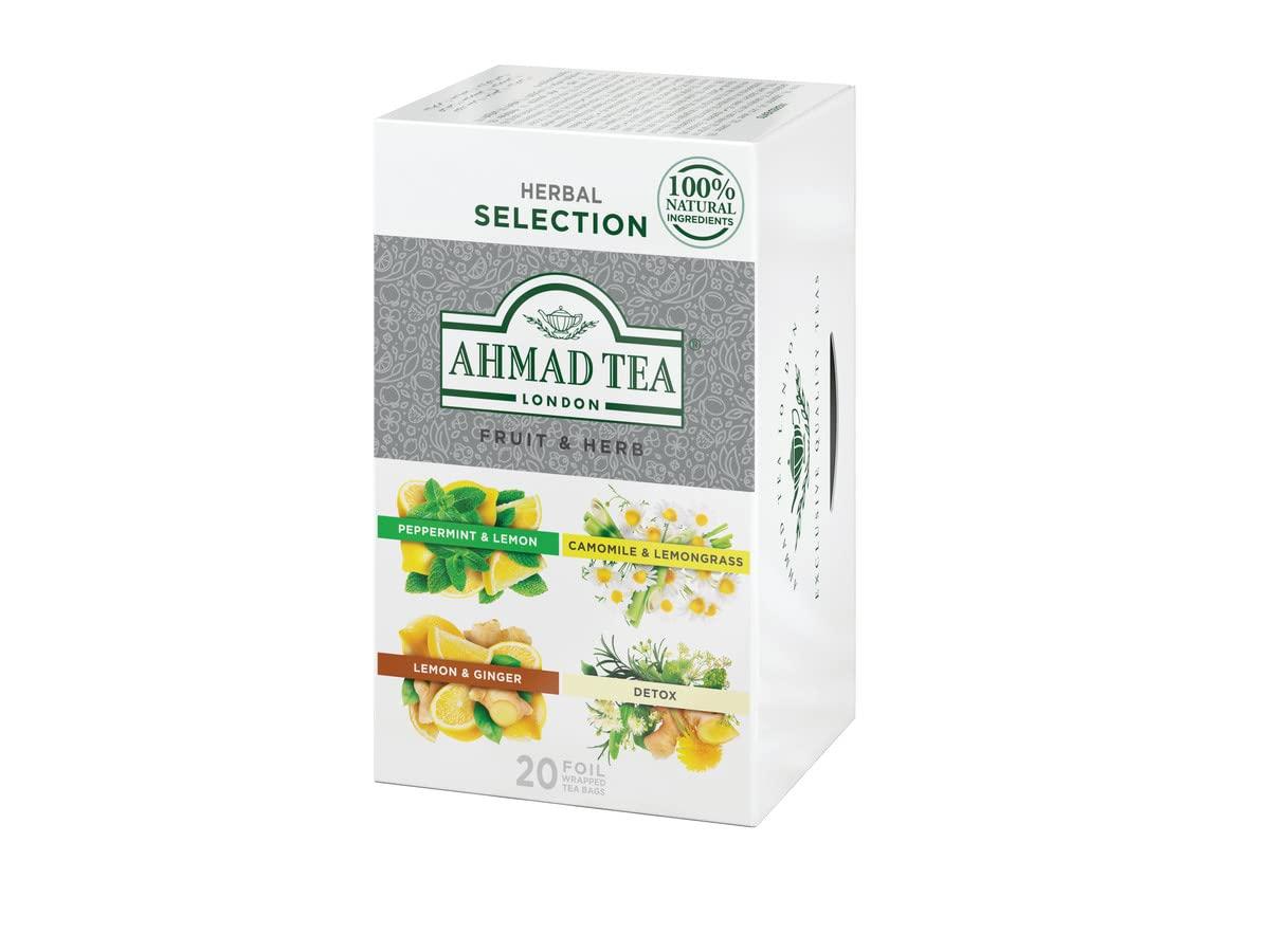 Ahmad Tea Herbal Tea Fruit and Herb Selection 4 Teas Peppermint and Lemon  Camomile and Lemongrass Lemon and Ginger and Detox Teabags 20 ct -  Decaffeinated and Sugar-Free Detox 20 Count (Pack of 1)