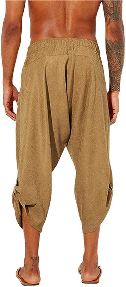 Gafeng Mens Yoga Capri Pants Casual Elastic Waist Drawstring Sports Cotton  Linen Boho Harem 3/4 Pants with Pockets Large L- Yellow