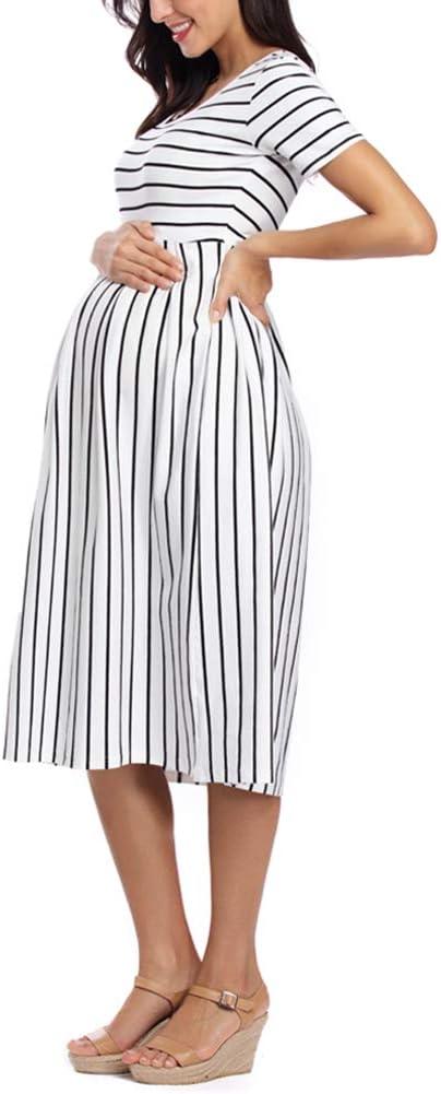 Love2Mi Short-Sleeve Maternity Dress - A-Line Midi Dress for Pregnant Women  - S White Black Stripe | Buy Now with Express International Delivery |  GoSupps.com