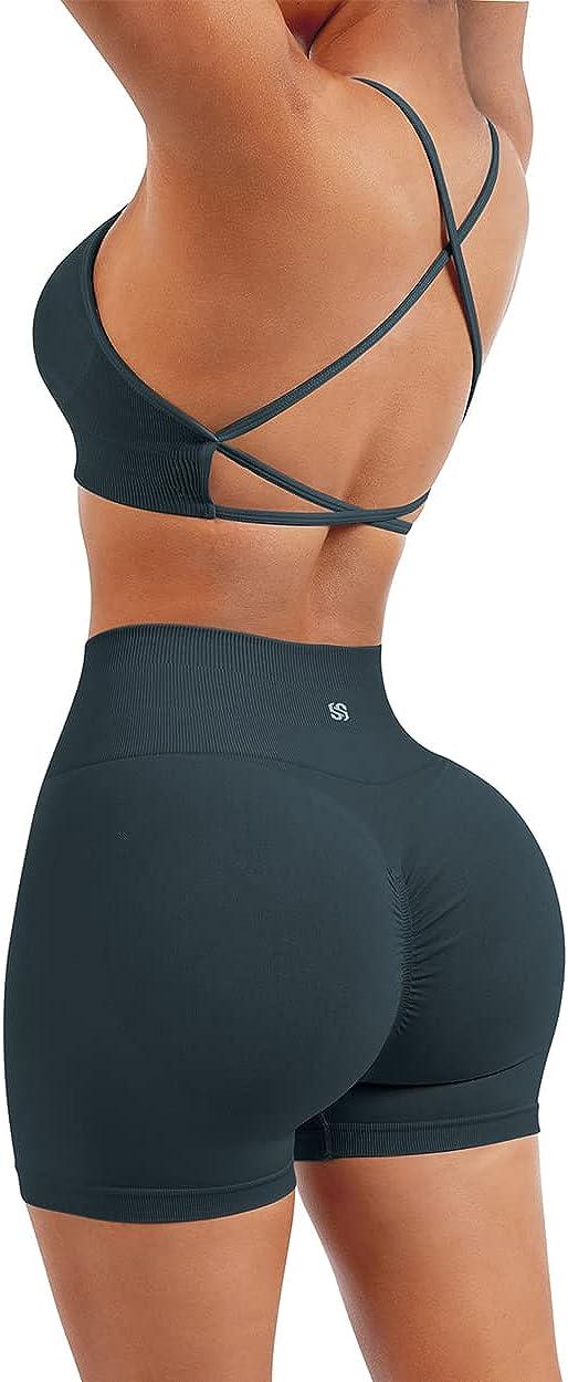 SUUKSESS Women Seamless Workout Sets Strappy Sports Bra High Waist Booty Shorts  Outfits 2-4 #1 Black