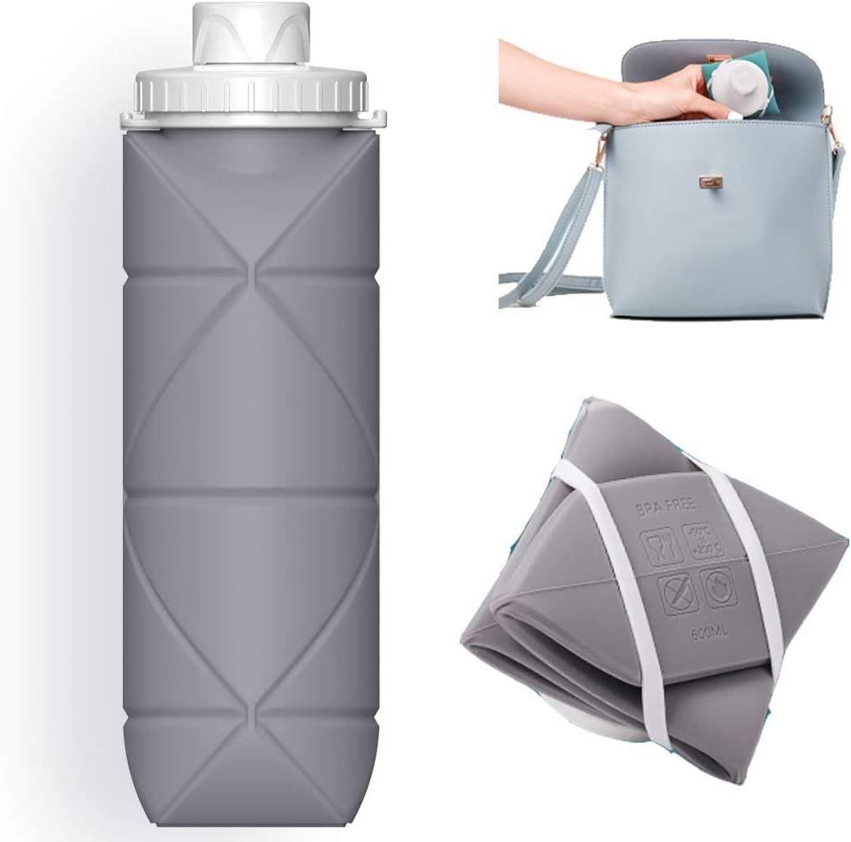 E-Senior Collapsible Water Bottle BPA Free - Foldable Water Bottle for  Travel Sports Bottles with Triple Leak Proof Lightweight 20oz (Grey)