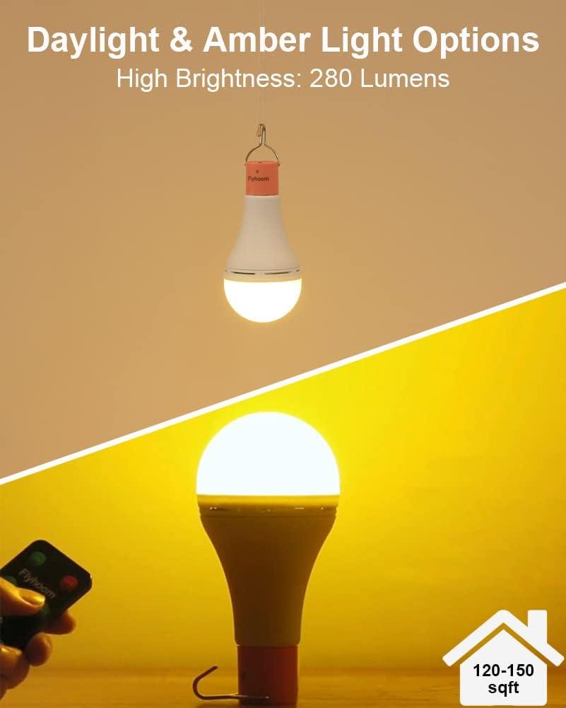 FLYHOOM Rechargeable Emergency Light Bulb with Remote Portable LED Camping Light Bulb for Camping Hiking Car 5 Modes 280LM 6 18h Battery Life White Yellow Light 2 Pack