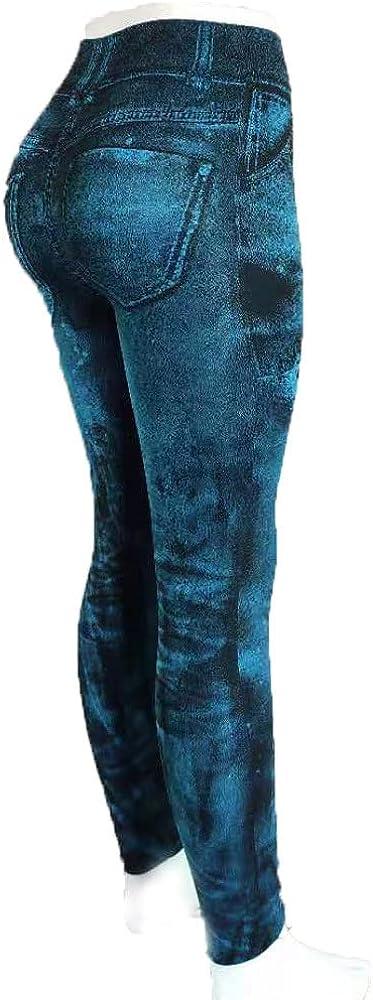 BUIgtTklOP Women's Casual Pants Imitation Denim Print Leggings High Waist  Tummy Control Slim Stretch Cropped Yoga Pants Light Blue 3X-Large