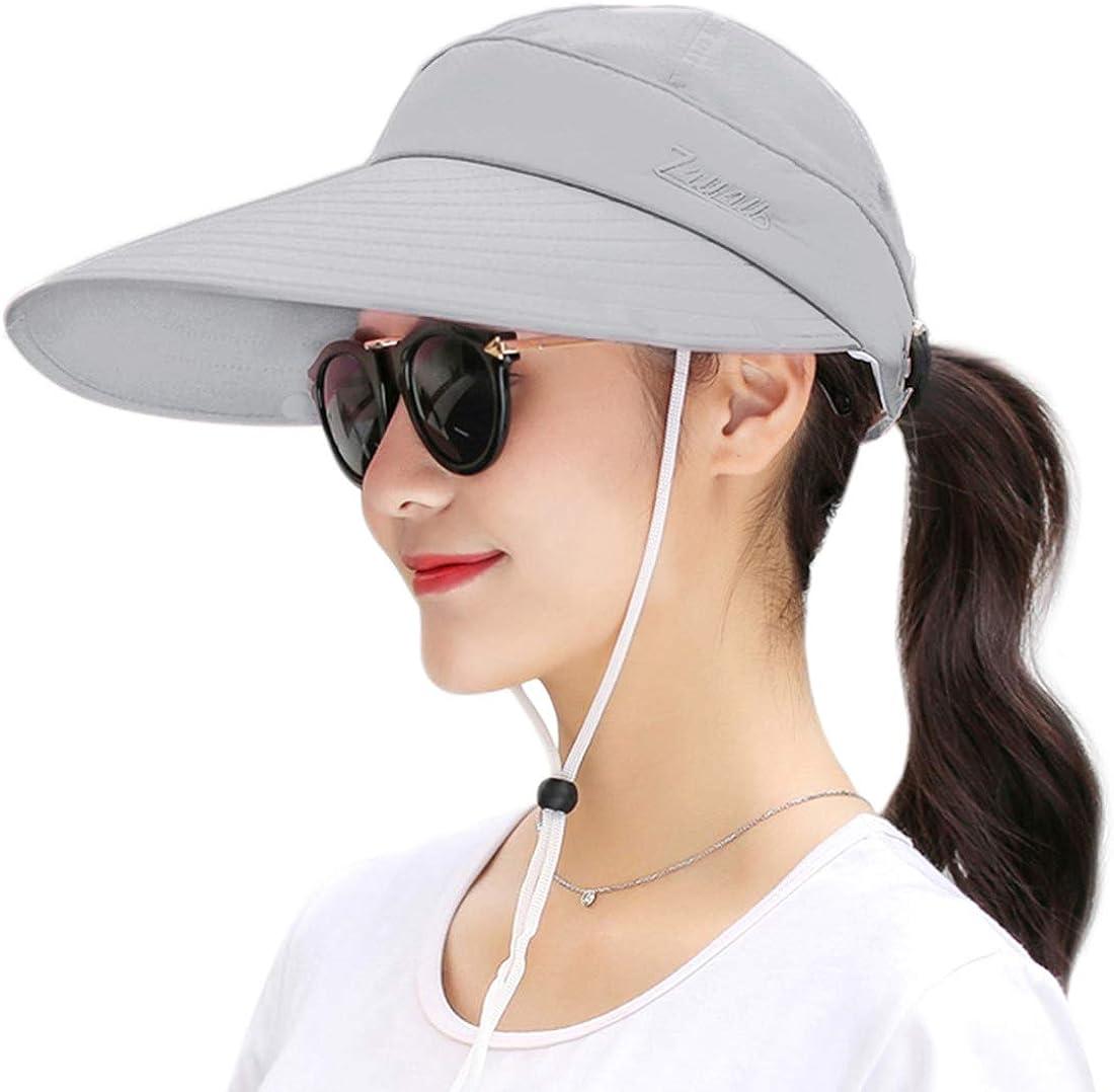 Women Sun Wide Brim UV Protection Fishing Hats Foldable Ponytail
