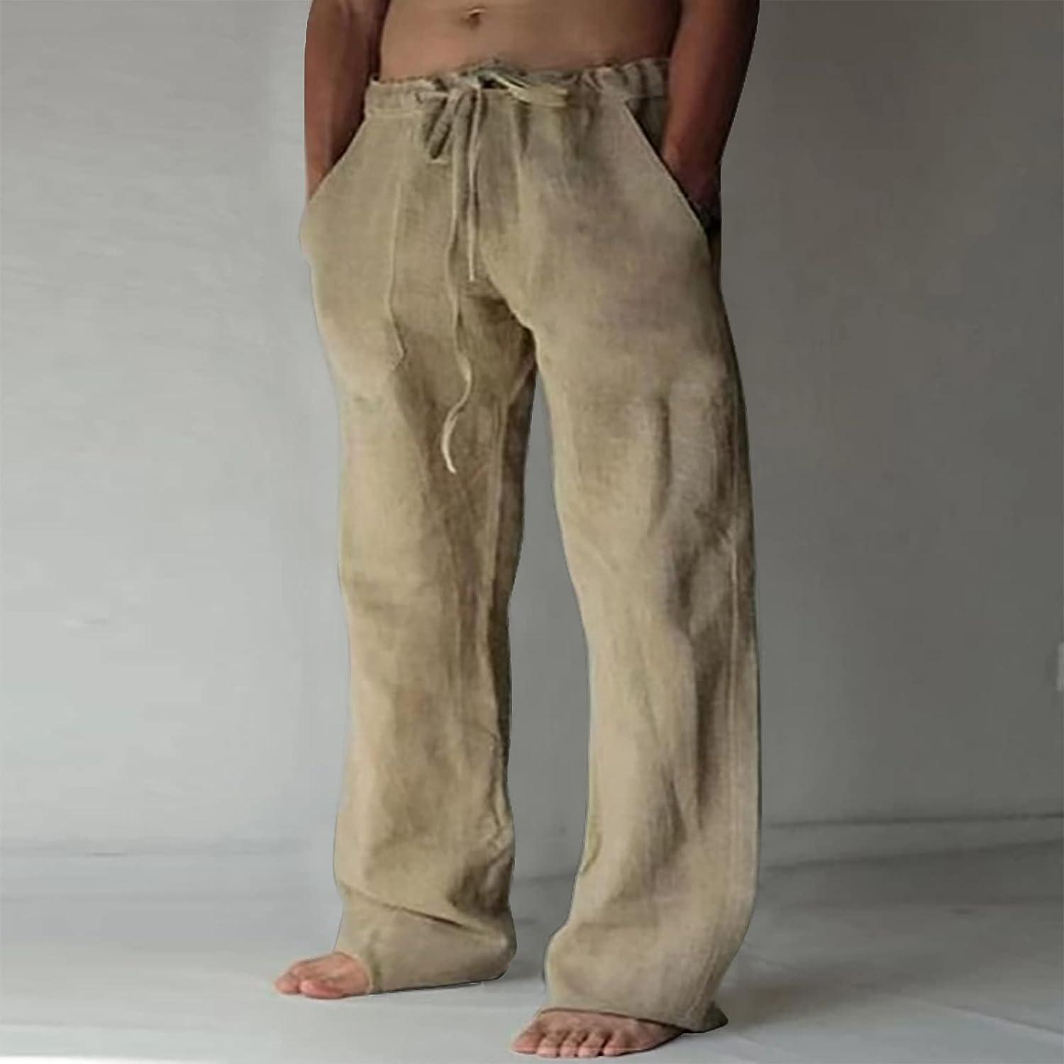 Mens Linen Pants Lightweight Elastic Waist Drawstring Pants Summer Casual  Loose Fit Beach Yoga Pants Trousers with Pockets XX-Large A-khaki