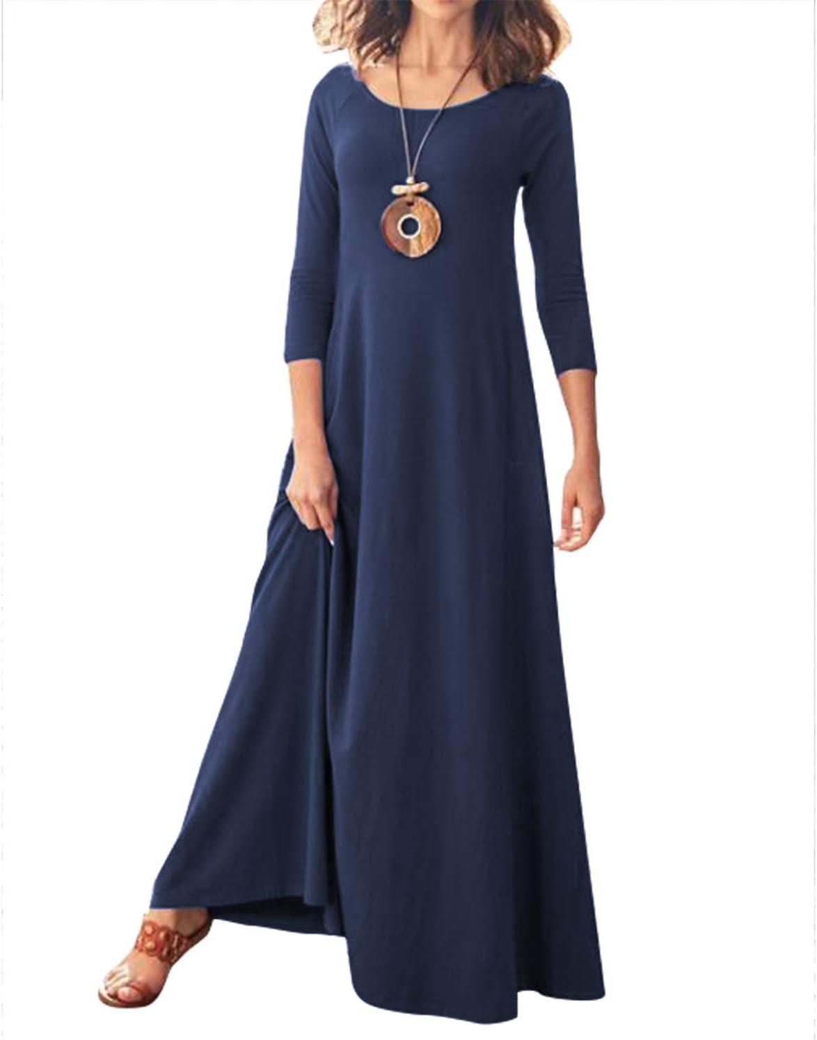 Jacansi Women's 3/4 Sleeve Maxi Dress, Boat Neck, Pockets, Navy