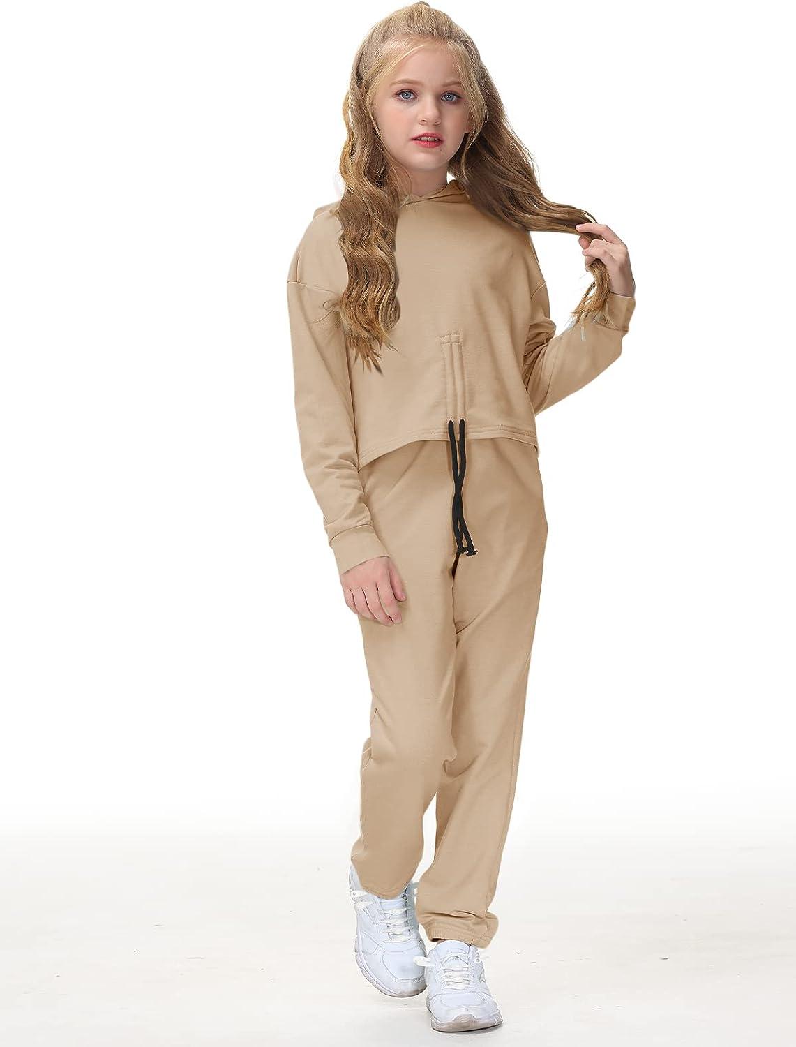 Leyay Girl's Khaki Cropped Hoodie and Sweatpants Set Size 6-7