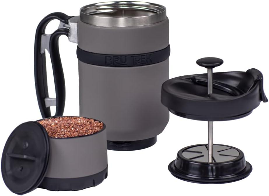 BruTrek Double Shot 3.0 Travel Coffee French Press, 16 fl.oz Insulated  Stainless Steel Mug, Removable Storage Bottom For Beans Grounds Tea Leaves,  Brew A Second Cup, No Spill Lid (Storm Gray)