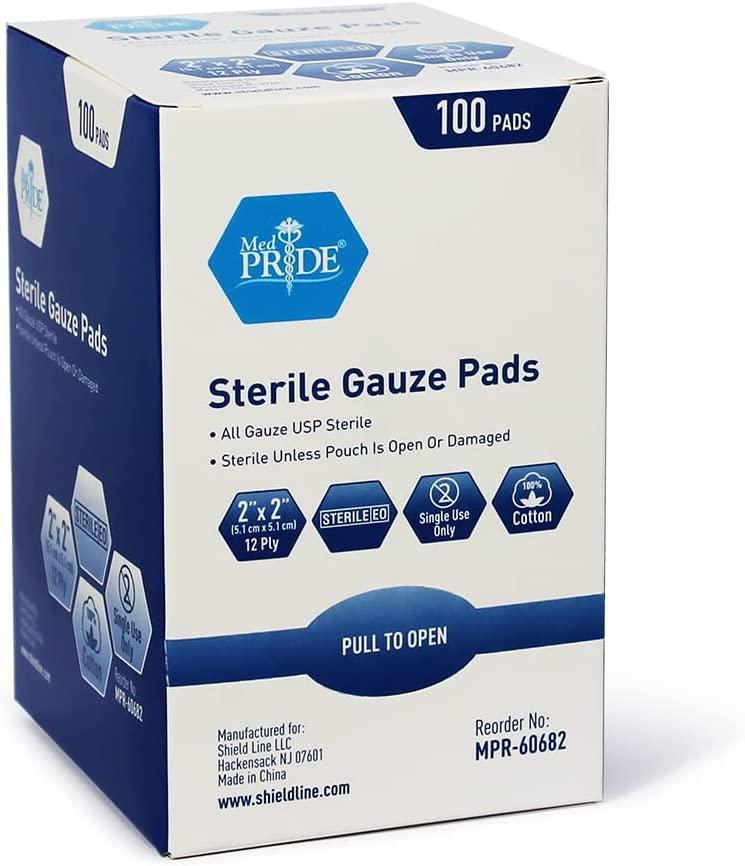 Medpride 2x2 Sterile Gauze Pads 100Pack, Individually Packed, 12Ply