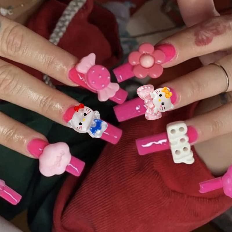 Hello Kitty Junk Charm Nails Using Enail Couture XXL Square Nail Tips 
