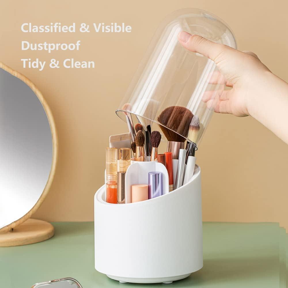 Lebenrich Makeup Brush Holder Organizer with Lid, Rotating Dustproof Make  Up Brushes Container with Acrylic Cover, Spinning Cosmetics Holders Storage