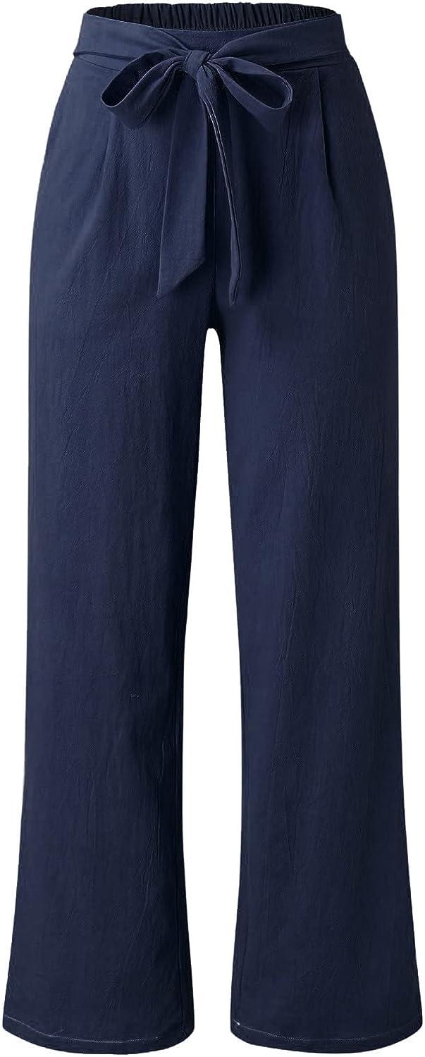 Women High Waisted Wide Leg Pants Casual Drawstring Elastic Trousers Comfy  Straight Leg Long Pants for (Dark Blue, XL)