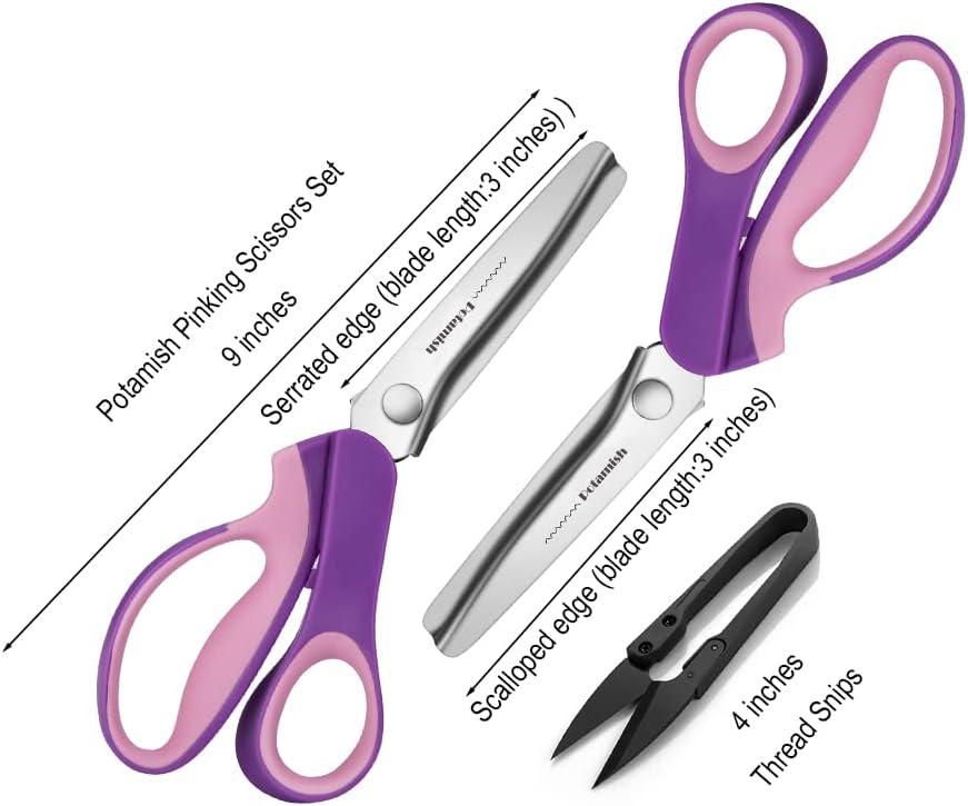 Pinking Shears Set (Pack of 2 PCS Serrated & Scalloped edges) By Potamish -  Zig-zag Scissor for Fabric Leather & PPDer - Pinking Dressmaking Sewing  Scissors PM-002-C Purple
