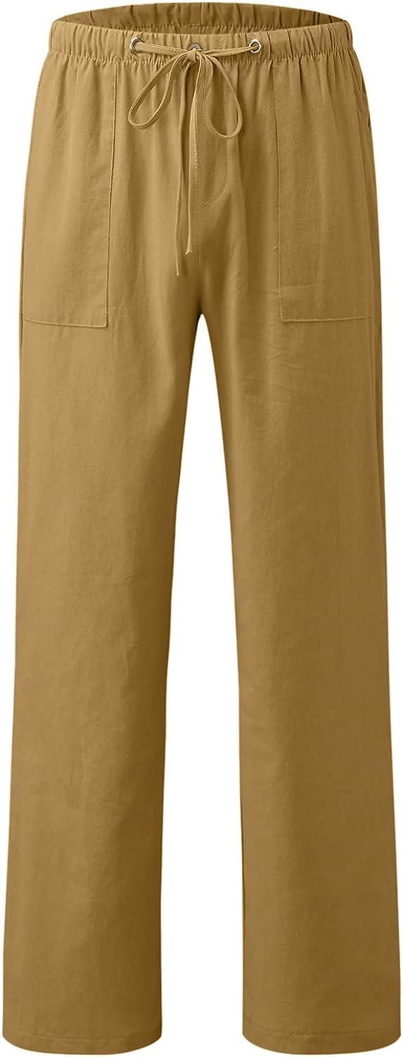 YHAIOGS Outdoor Male Casual Solid Trouser Pant Full Length Loose Pant  Button Pocket Drawstring Casual Fashion Big and Gold Large