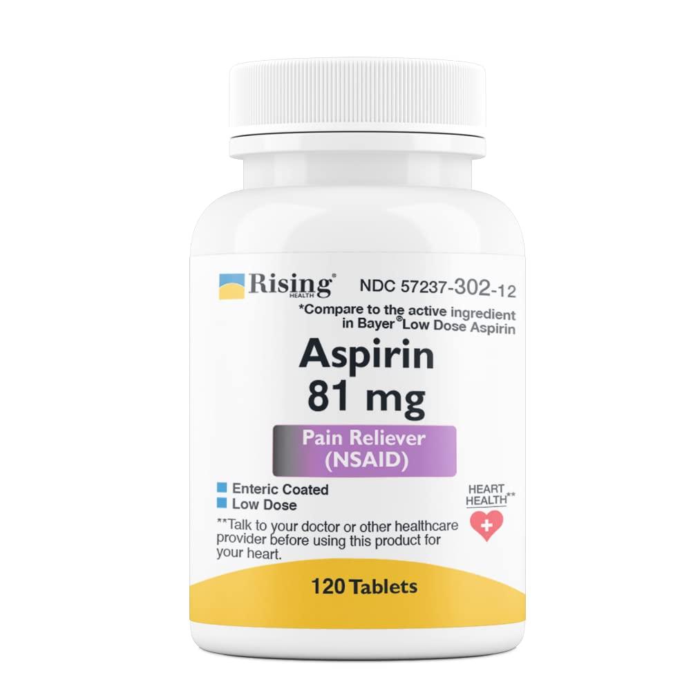 Rising Health 81mg Low Dose Aspirin for Pain Relief 120 Count Enteric