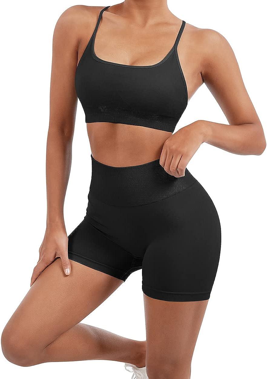 SUUKSESS Women Seamless Workout Sets Strappy Sports Bra High Waist Booty Shorts  Outfits 2-4 #1 Black