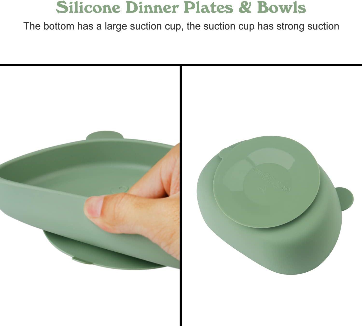  Silicone Suction Baby Plate with Spoon and Fork Dinosaur Baby  Plate Set Baby Self Feed Utensils Baby Spoon Baby Fork Suction Plate : Baby