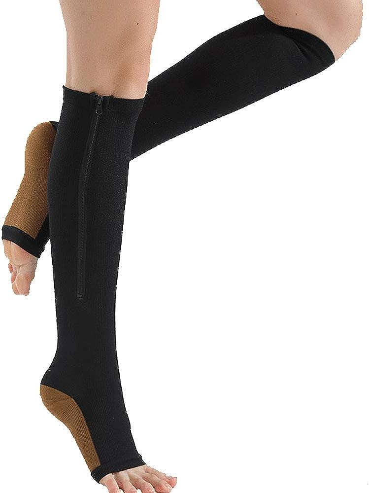 Zipper Compression Socks (2-Pack) for Men Women Open Toe Easy On Compression  Support Hose Knee High, Black X-Large Black-copper
