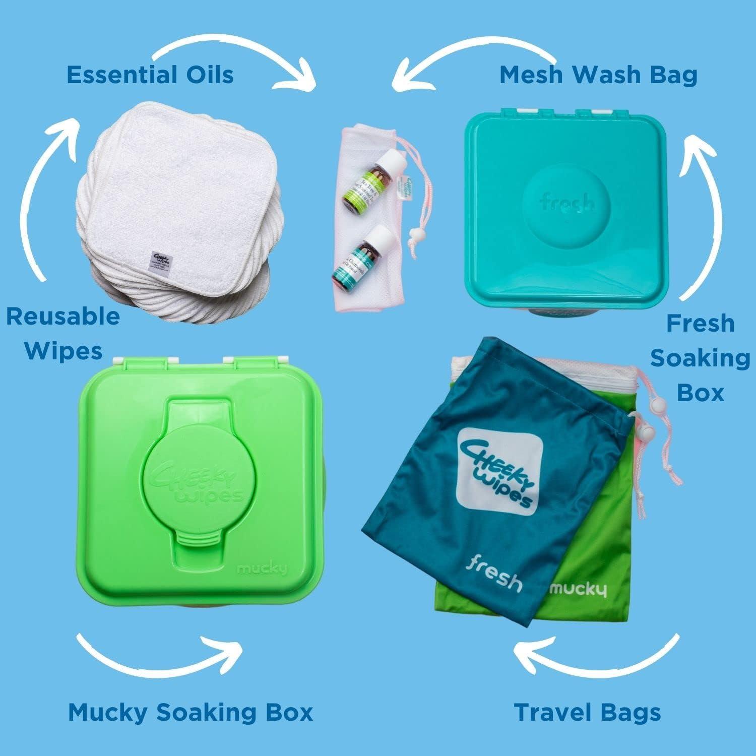 Cheeky Wipes Reusable Baby Wipe Kit - 25 Washable Bamboo Terry Cloth Wipes  15x15cm with Fresh soaking box Mucky soaking box & Fresh and Mucky  essential oil soaking solutions 10ml (Lav 