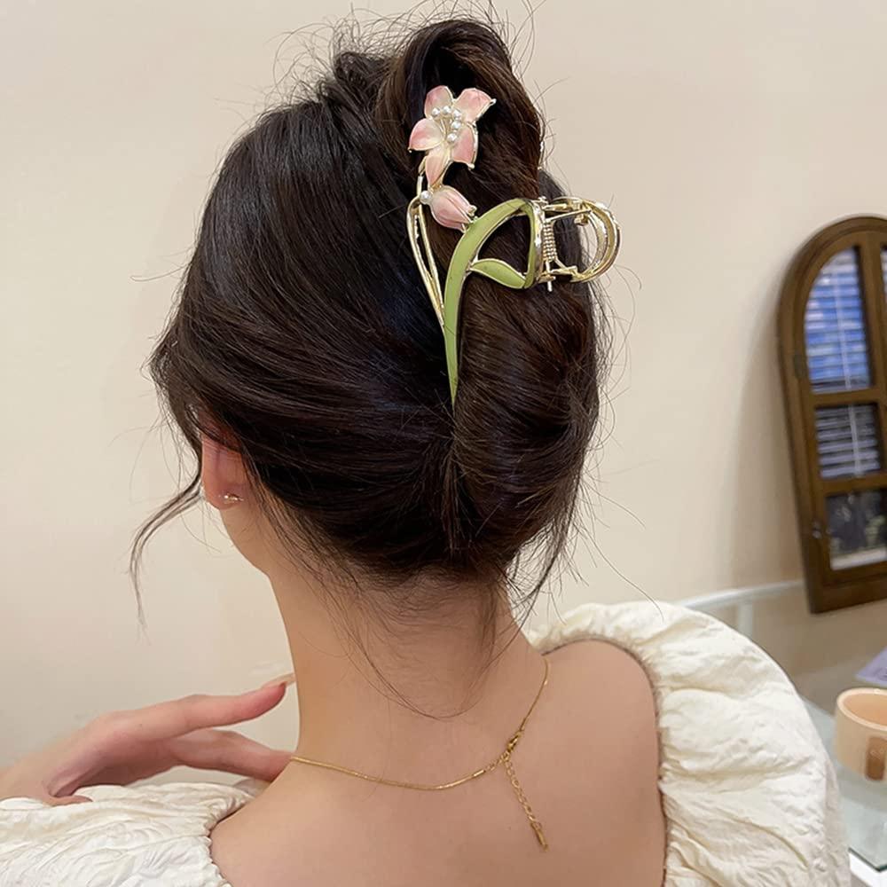 Yangzerang Large Metal Claw Hair Clips For Women – Strong Hold, Bamboo Flower Design, Non-Slip For Thick Or Thin Hair