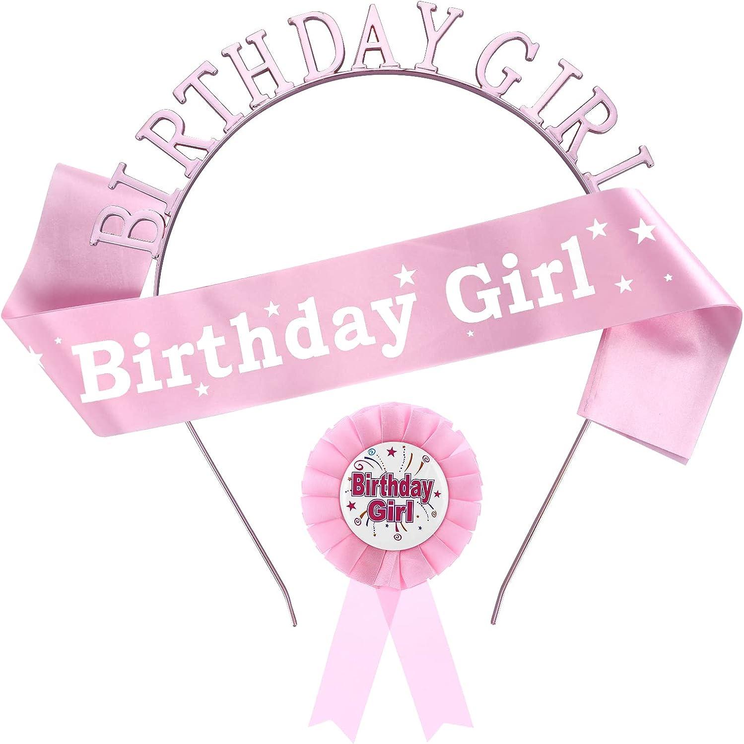 Birthday Girl Decorations Set Abeillo Birthday Girl Crown Princess Tiara  Birthday Girl Sash Birthday Badge Ribbon Happy Birthday Girl Headband Hair  Accessories Pink