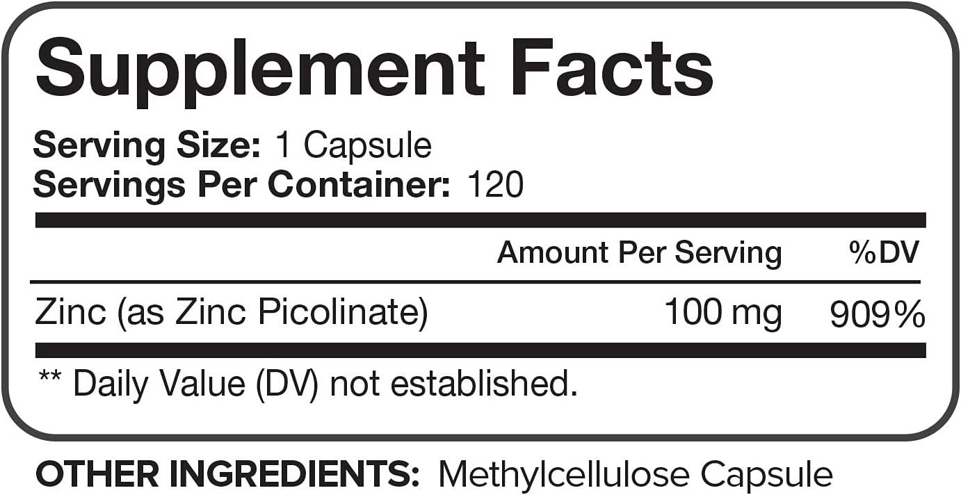 Nutrivein Premium Zinc Picolinate 100mg 120 Capsules Immunity