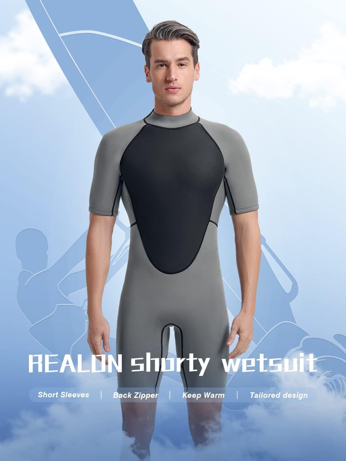 REALON Shorty Wetsuit Women and Men 3mm, 2mm Short Sleeves Neoprene Surfing  Wet Suits, Adult Shortie for Snorkeling, Kayaking, Boarding, Swimming 3mm  Shorty Grey Medium