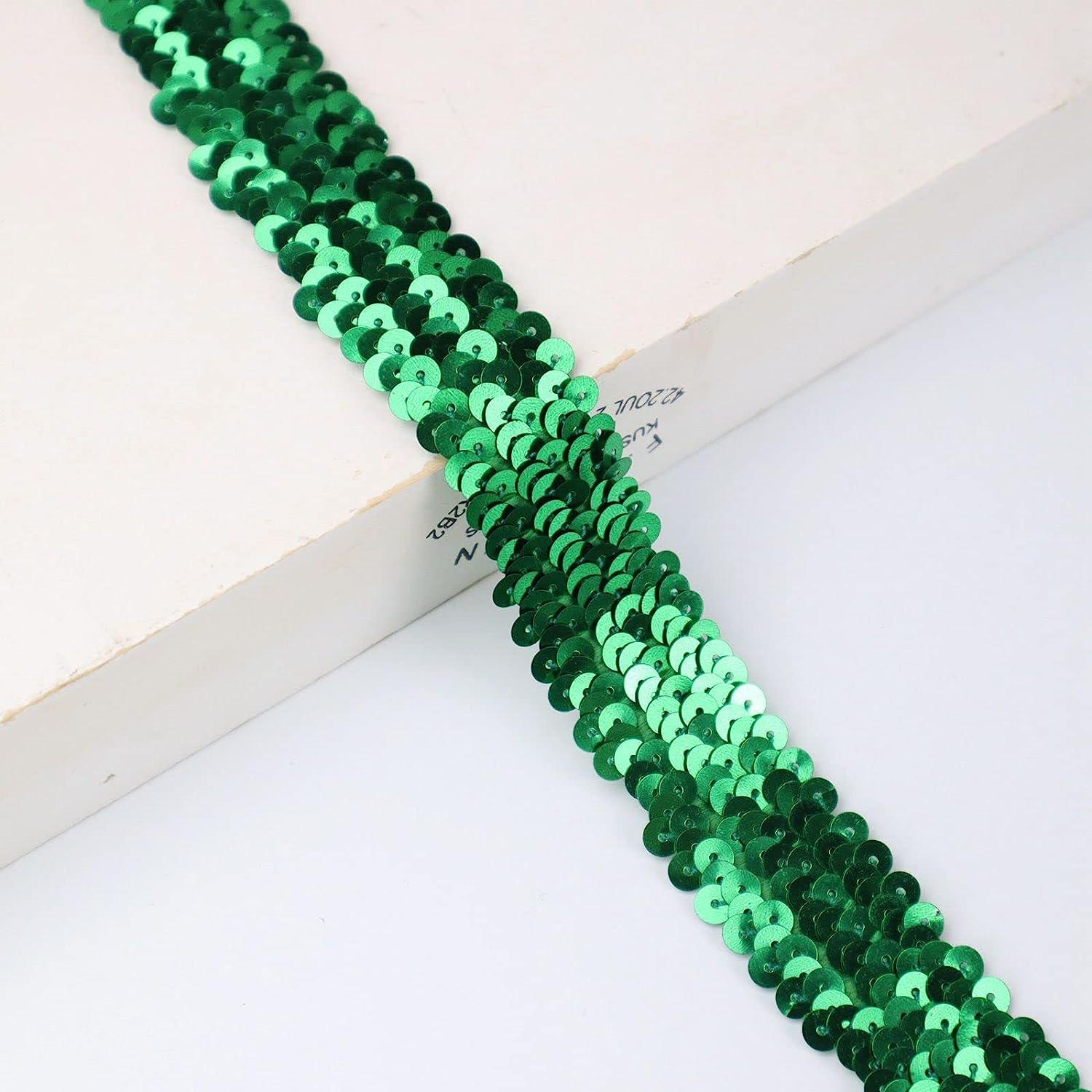 Green Elastic Sequin Ribbon Trim, Flat Glitter Stretch Fabric Ribbon,  Metallic Gleaming Sewing Trim Lace for Dance Dress Embellish Headband  Supplies(10 Yards1 Inch)