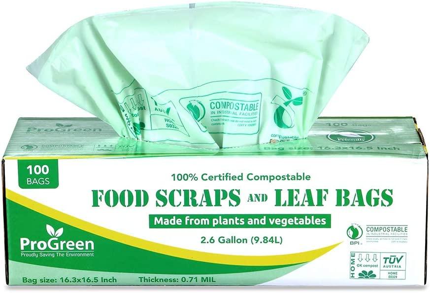 ProGreen 100 Compostable Bags 2.6 Gallon, Extra Thick 0.71 Mil, 100