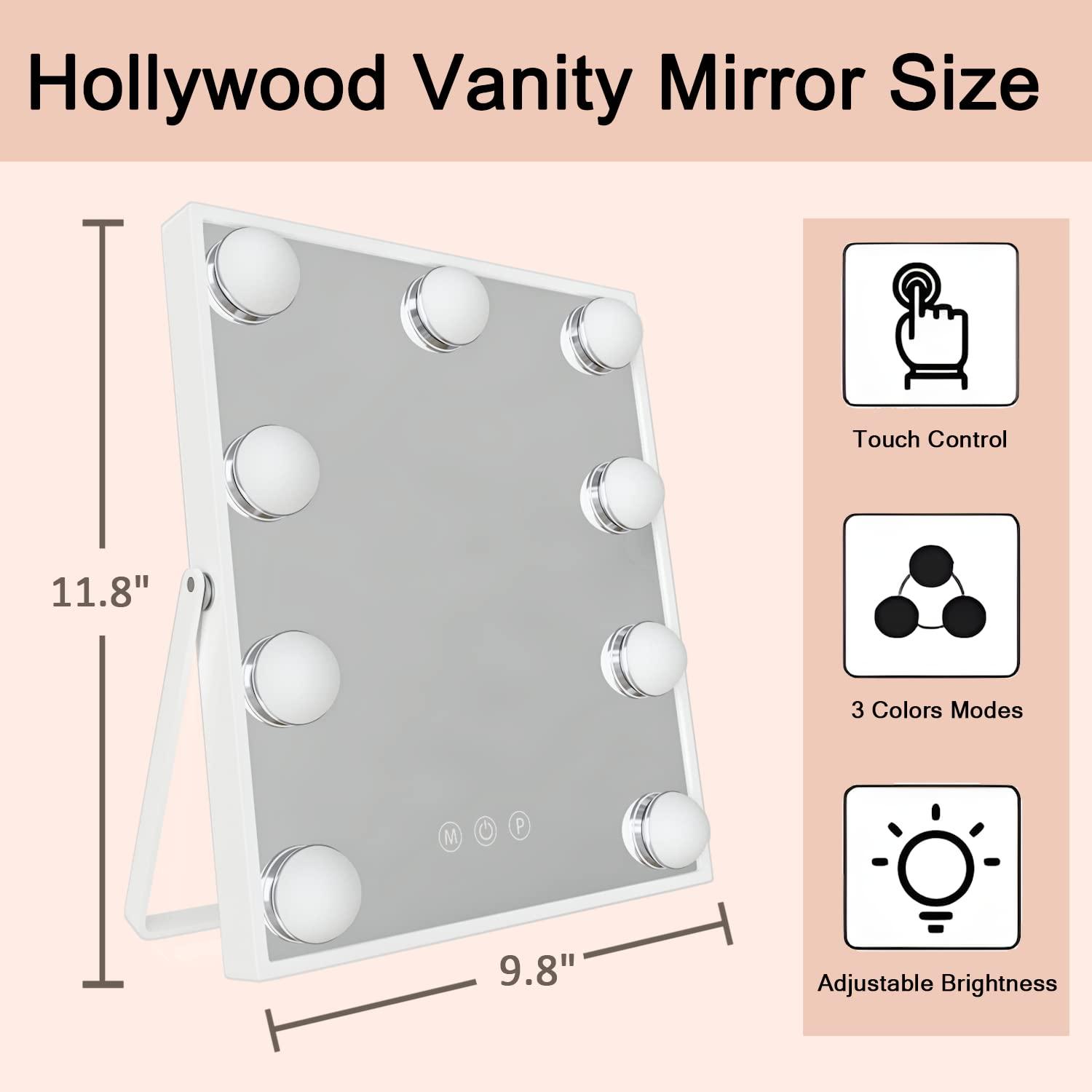 Manocorro 9 LED Bulbs Hollywood Vanity Mirror with Lights Hollywood Makeup Mirror  Small Vanity Lighted Mirror with 3 Color Lighting Modes Smart Touch Control  Plug in Light Up White