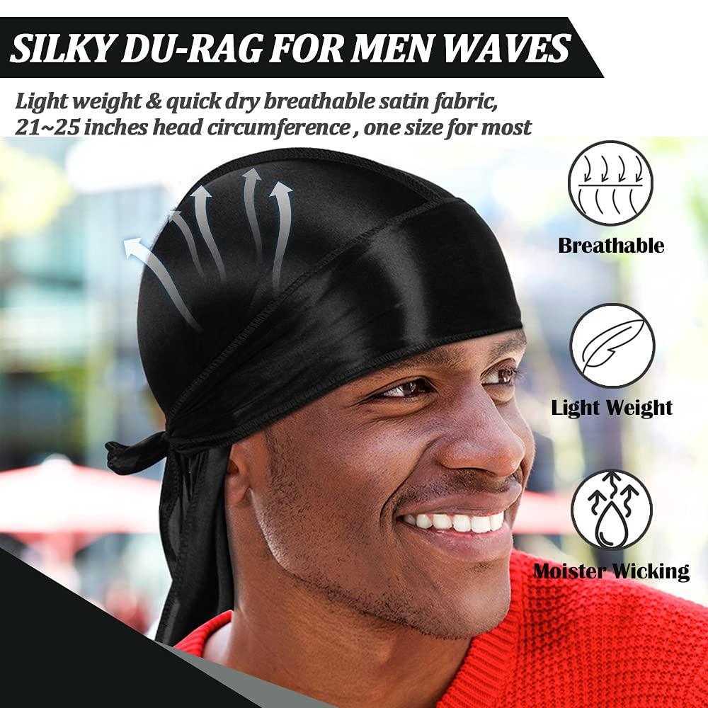 Silky Satin Durags for Men Designer Long Tail Beanies Doo Rags Caps Du-Rags  for Women Silk Satin Tie Do Rags Cap for Waves Black