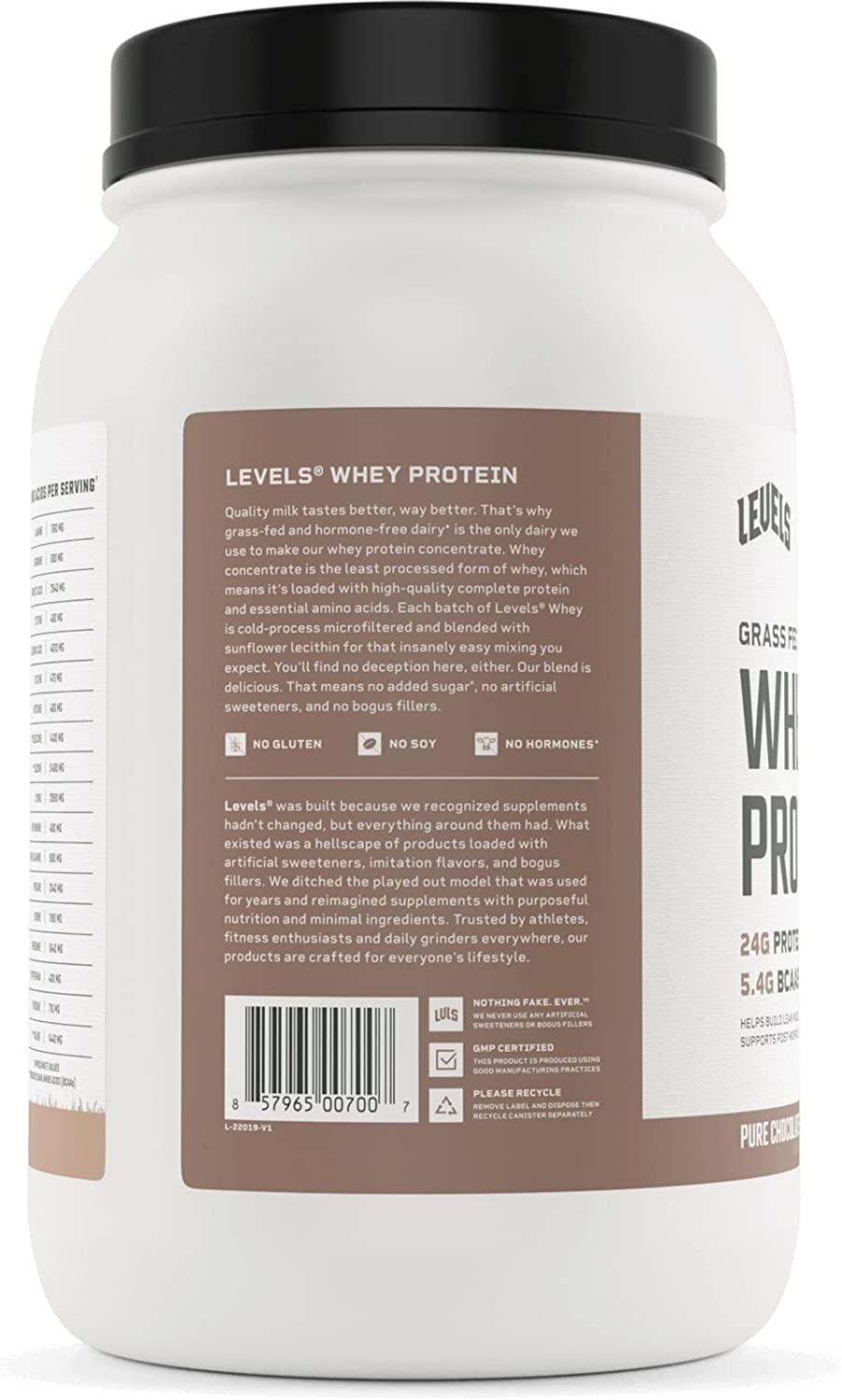 Levels Grass Fed Whey Protein 100 Pure Chocolate, No GMOs, 2LB