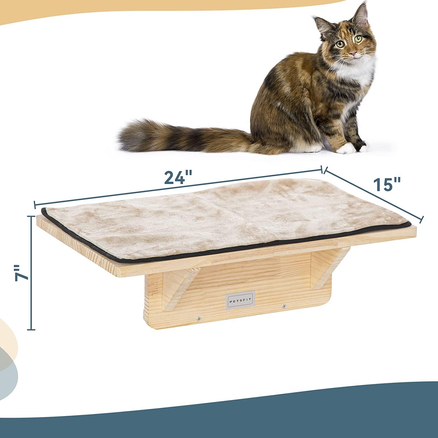 Cat Window Perch Fit for 2 Cats Natural Wood with Removable
