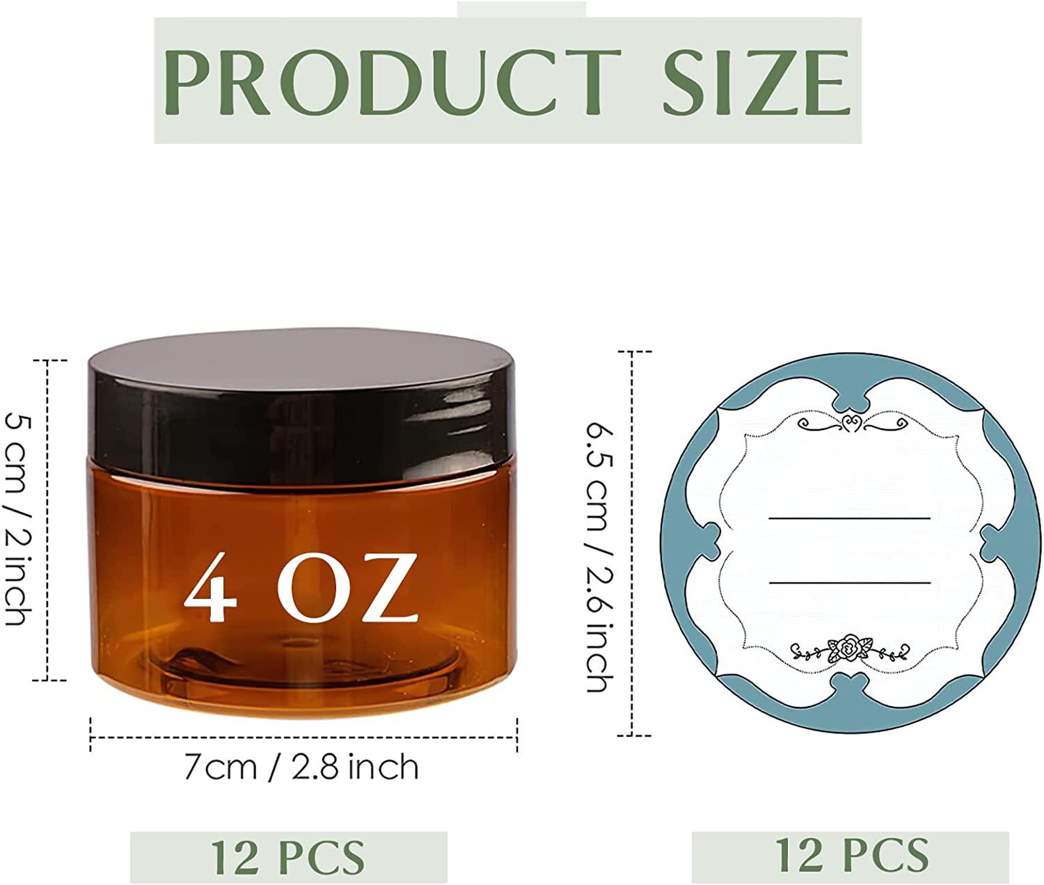 Qeirudu 4 oz Amber Plastic Jars with Lids and Labels, 12 Pack Refillable Empty Round Brown