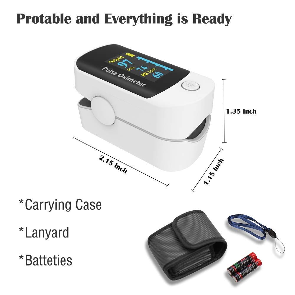 Pulse oximeter fingertip, Portable blood oxygen saturation monitor for heart  rate and SpO2 level, O2 monitor finger for oxygen,Pulse Ox,Oxi Include  carrying case,lanyard and batteries, Grey-White