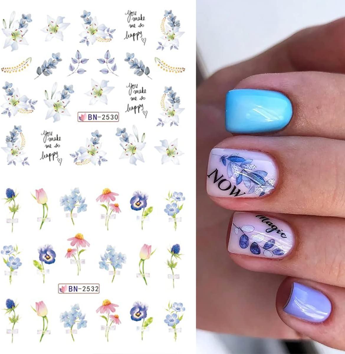 Amazon.com: 24 Sheets Flowers Nail Art Stickers, Holographic Floral Leaf  Butterfly Nail Water Transfer Decals Design, Flower Nail Art Sticker  Supplies for Women Girls Manicure Charms Decorations, Resin Nail Decal :  Beauty