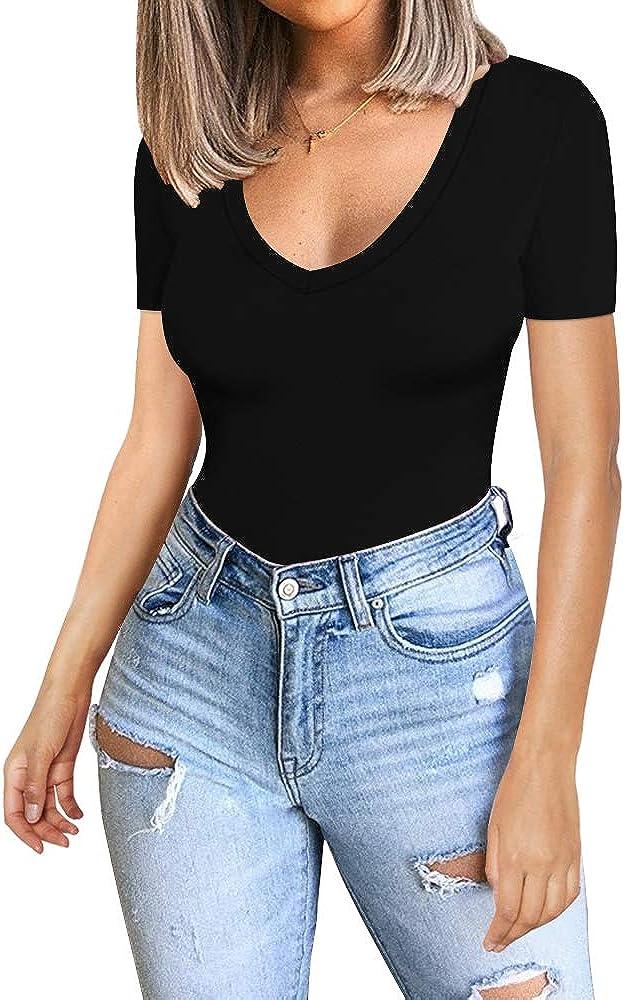 CLOZOZ Long Sleeve Tops for Women Sexy Womens V Neck T Shirts for Women  Fitted Shirts Tight Basic Tee 00-shortsleeve-black X-Small