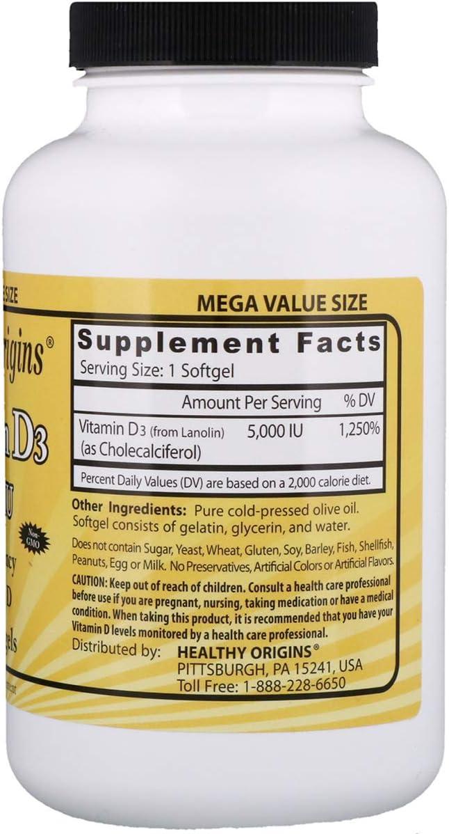 Healthy Origins Vitamin D3 5000 IU 540 Softgels High Potency Supplement