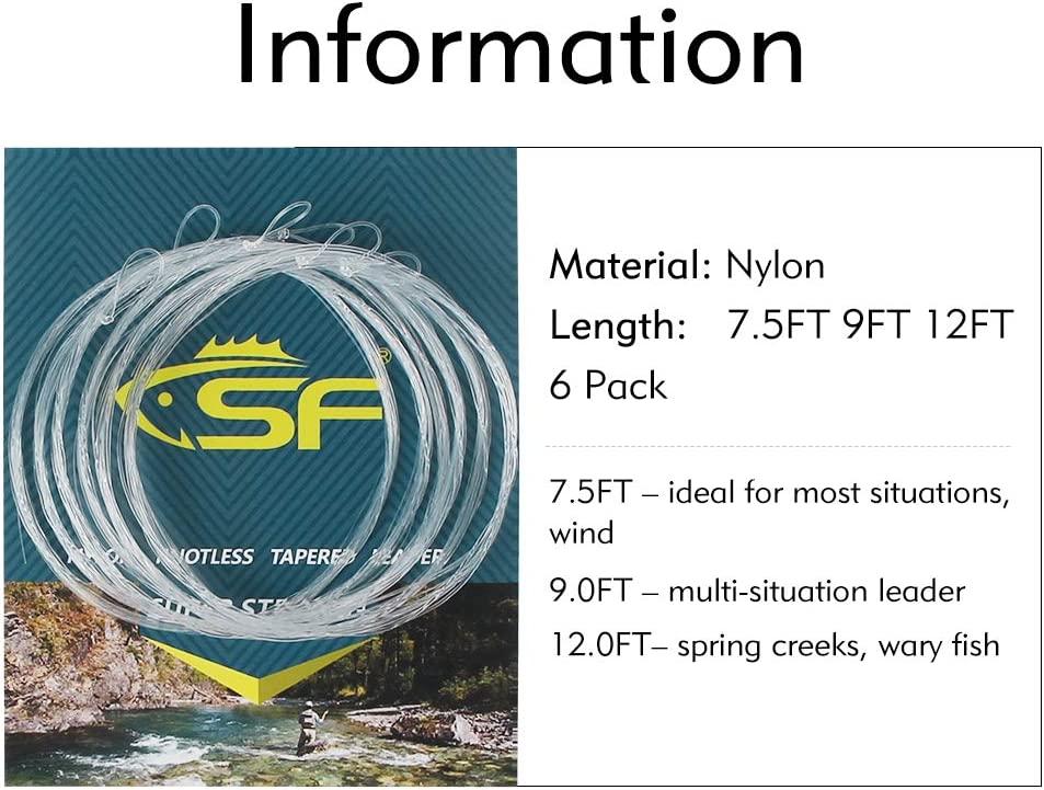 SF 6PCS Nylon Tapered Leader Fly Fishing Line with Pre-tied Loop