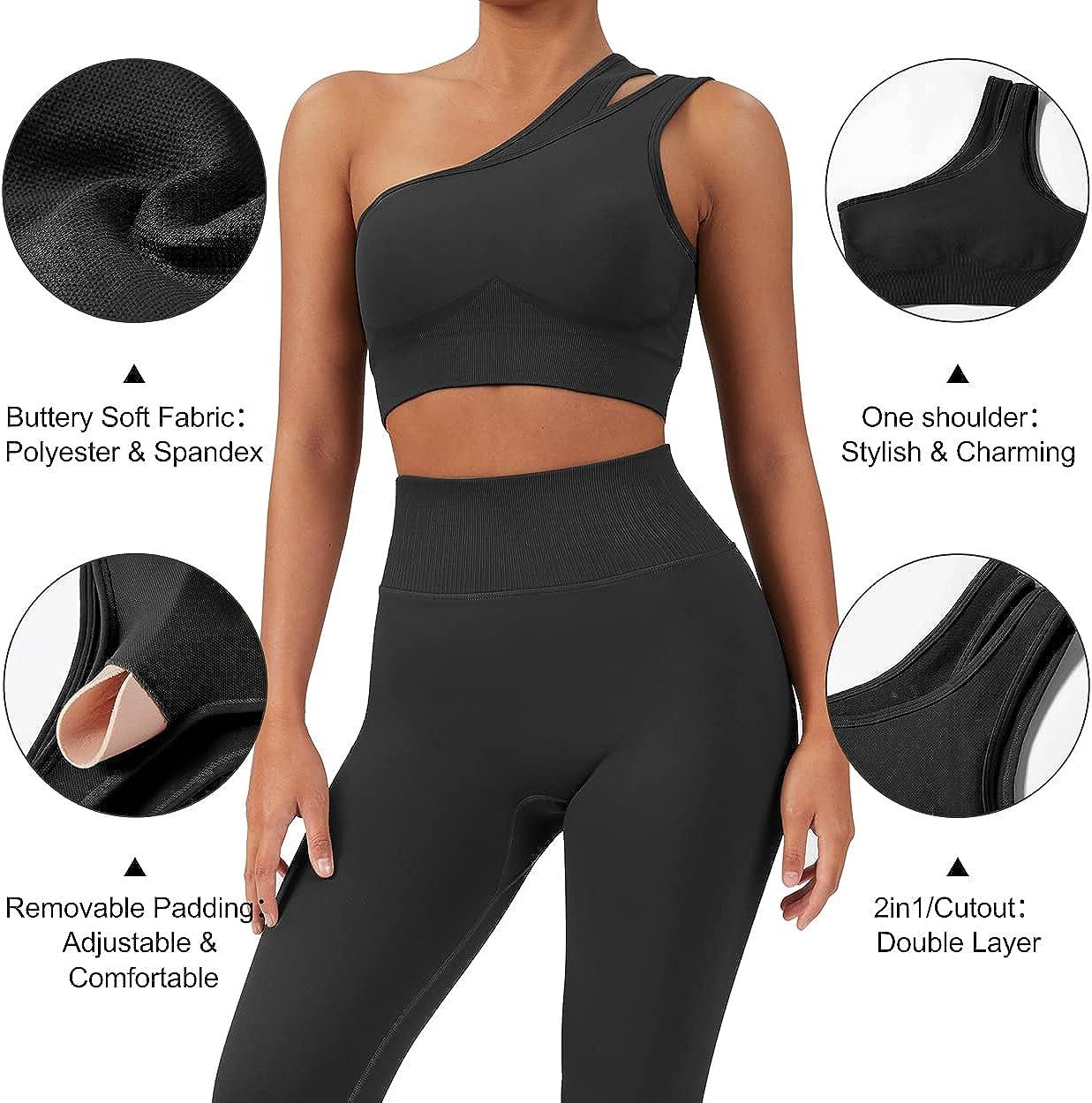 OMKAGI Workout Set for Women 2 Piece Seamless One Shoulder Sports Bra  Scrunch Butt Lifting leggings Gym Outfits Medium Black