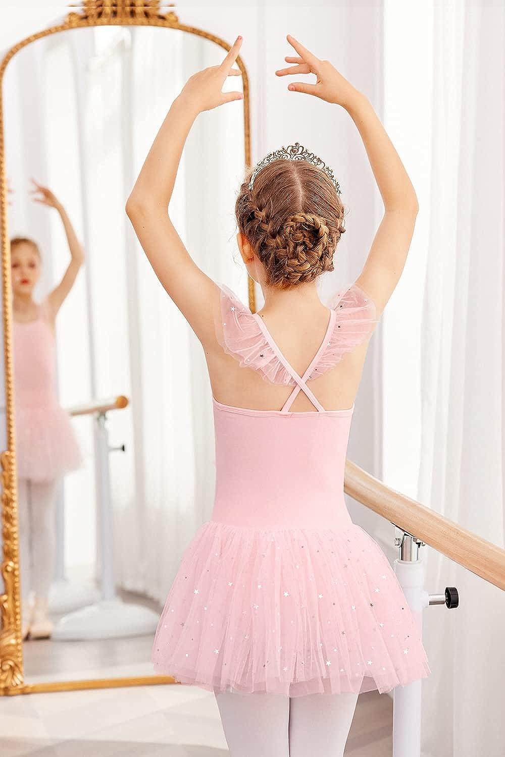 Zaclotre Girls Ballet Tutu Leotard Criss Cross Strap Back Flutter Sleeve  Ballerina Outfit Sparkly Dance Dress for Toddler Ballet Pink 3-4 Years