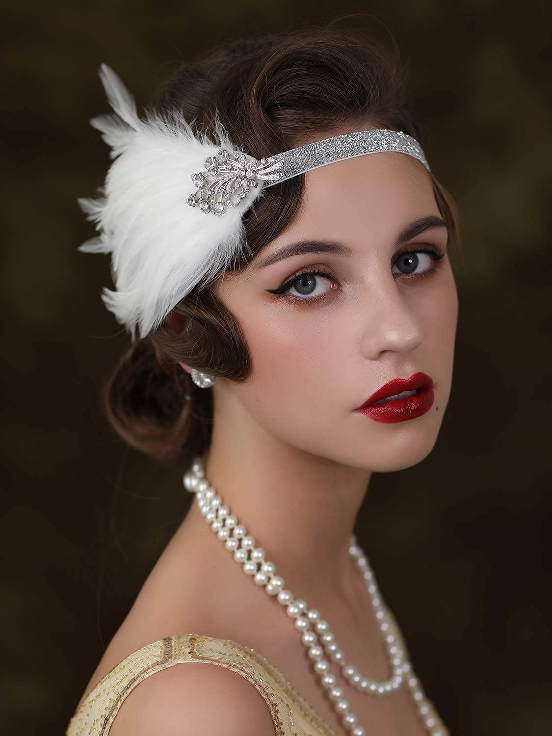 Sweetv 1920s Flapper Headband Great Gatsby Feather Headpiece