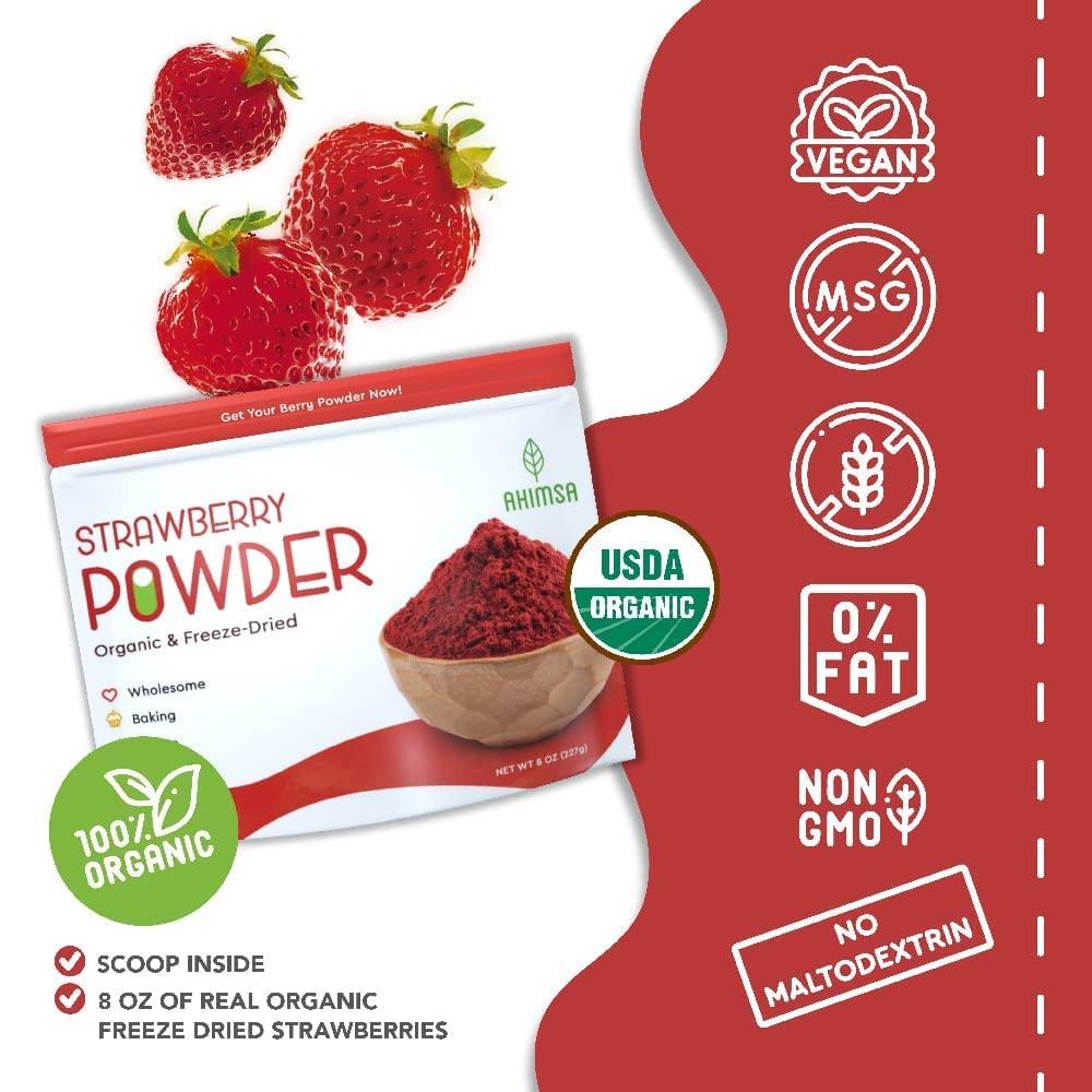 Ahimsa Organic Freeze Dried Strawberry Powder 8 oz USDA Certified