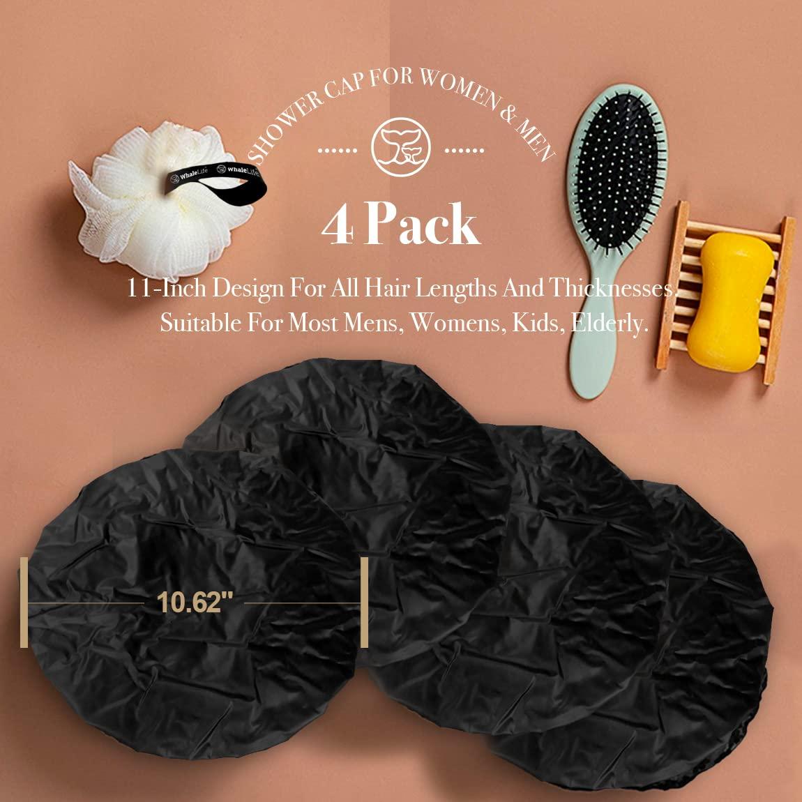 Extra Large Reusable Shower Cap for Men & Women 4 Pack Black Satin