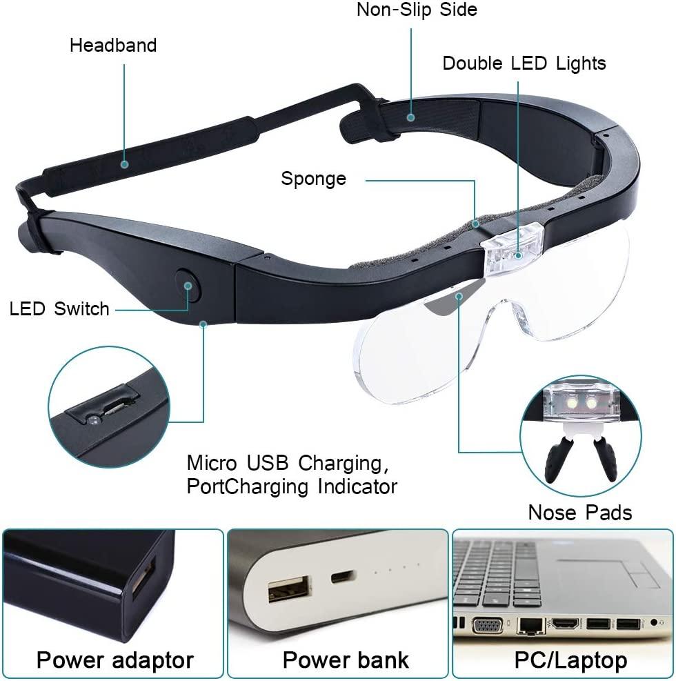 Head-Magnifier Glasses with 2 LED Lights USB-Charging Magnifying