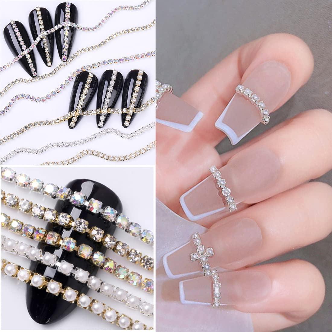 3D 25cm Nail Charms Jewelry For Acrylic Nails Pearl Claw Chain Nail  Rhinestone~